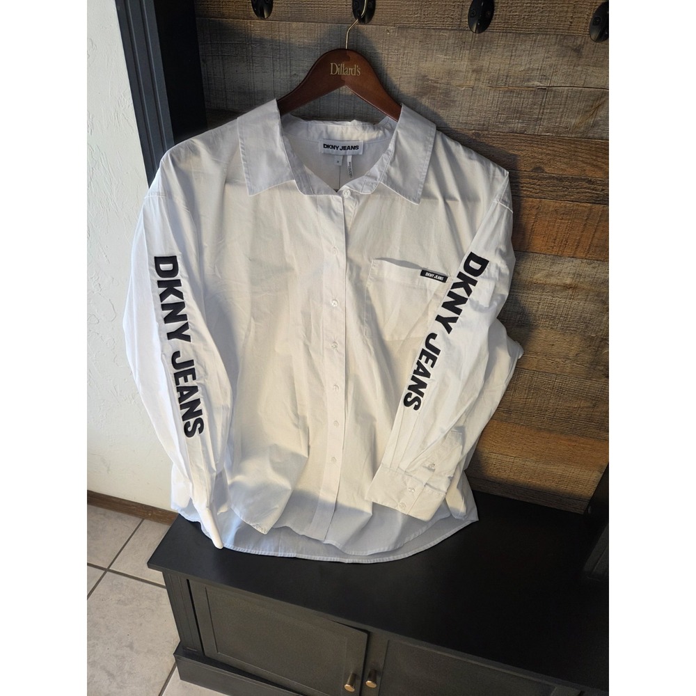 DKNY Jeans Woman White Solid Long Sleeve Button-Up Point Collar Logo 3X